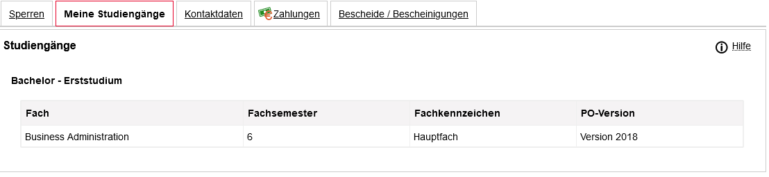 Screenshot der Registerkarten im Studienservice